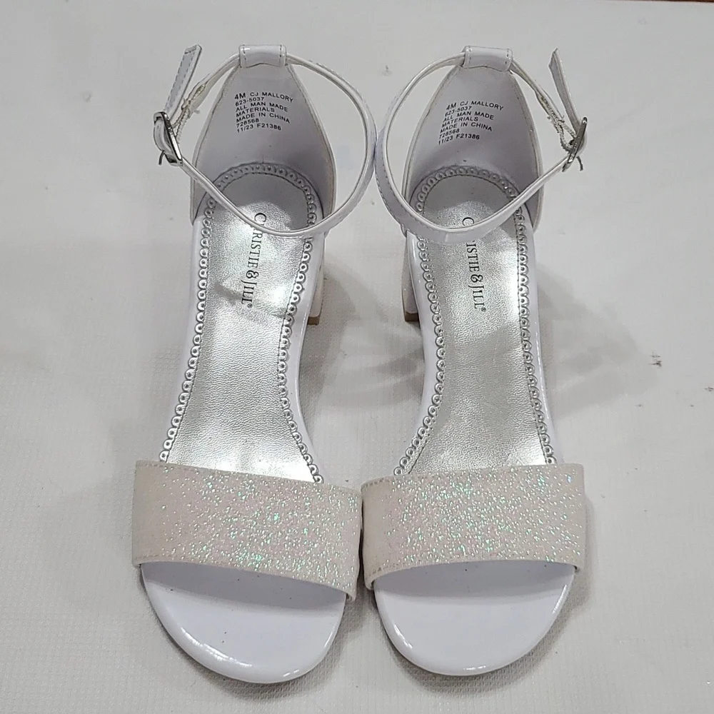 Christie&Jill Girls Sandals White Iridescent Glittery Ankle Strap‎ Heel Sz 4 EUC